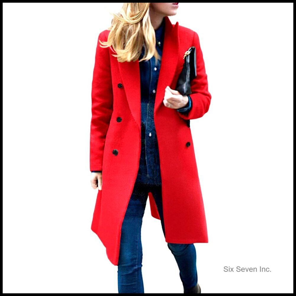 Classic Wool Pea Coat Double Breasted Notch Lapel Midi Long Slim Fit